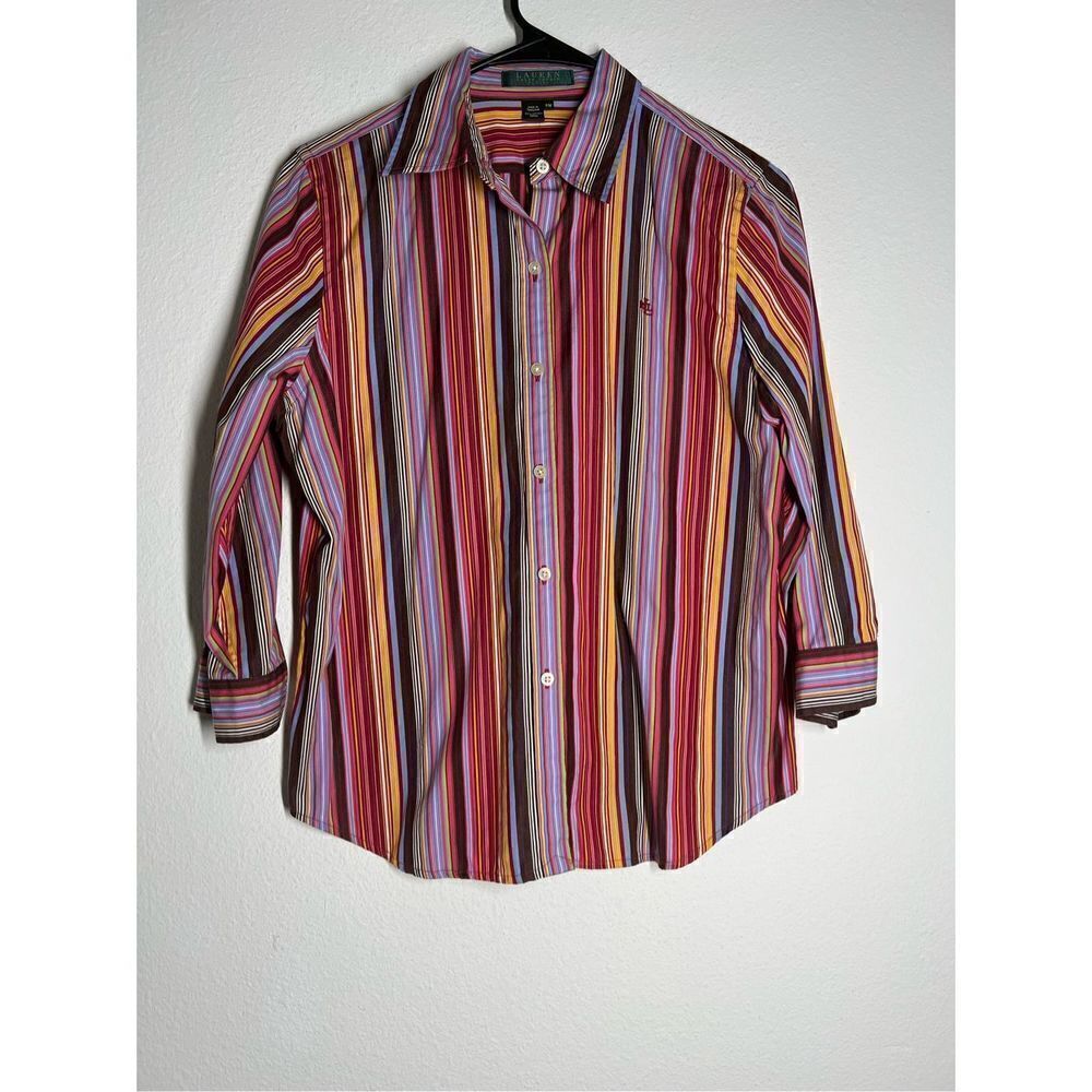 Lauren Ralph Lauren Womens Plus Size M P  Multicolor Stripe Cotton Button Up Shi